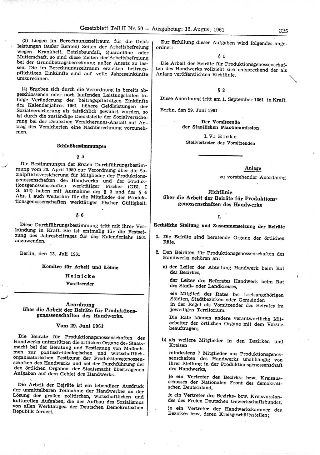 Gesetzblatt (GBl.) der Deutschen Demokratischen Republik (DDR) Teil ⅠⅠ 1961, Seite 325 (GBl. DDR ⅠⅠ 1961, S. 325)