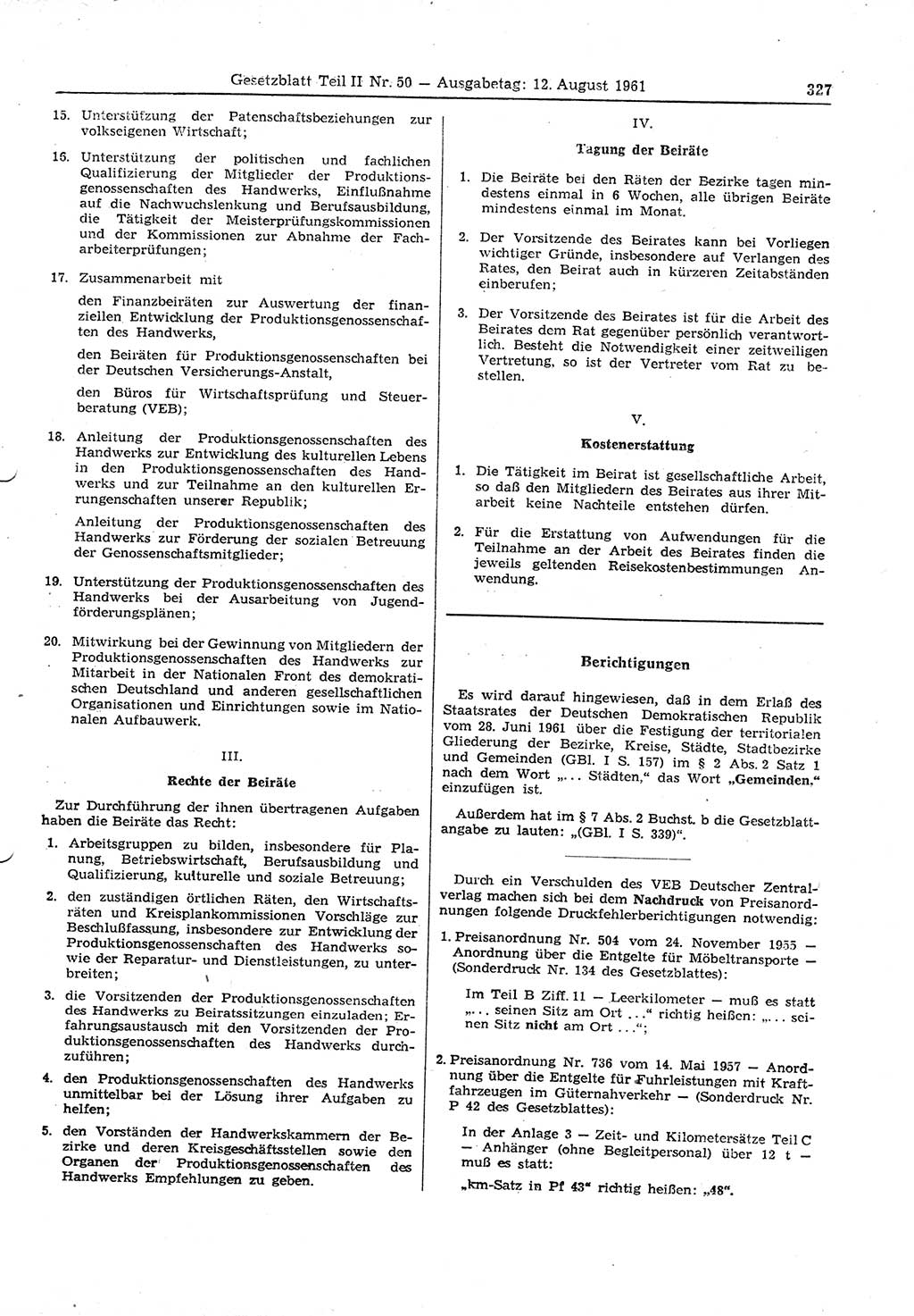 Gesetzblatt (GBl.) der Deutschen Demokratischen Republik (DDR) Teil ⅠⅠ 1961, Seite 327 (GBl. DDR ⅠⅠ 1961, S. 327)