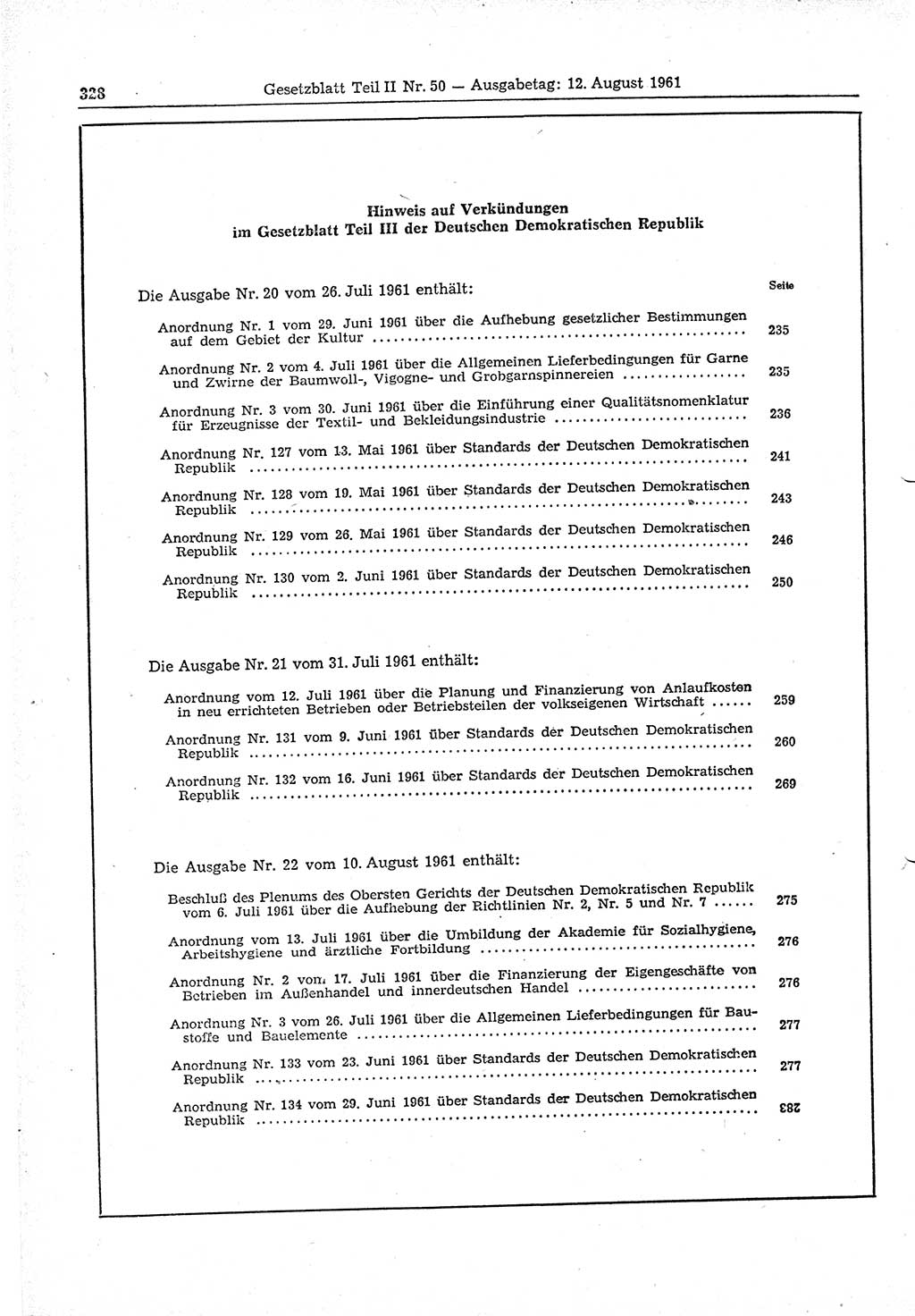 Gesetzblatt (GBl.) der Deutschen Demokratischen Republik (DDR) Teil ⅠⅠ 1961, Seite 328 (GBl. DDR ⅠⅠ 1961, S. 328)