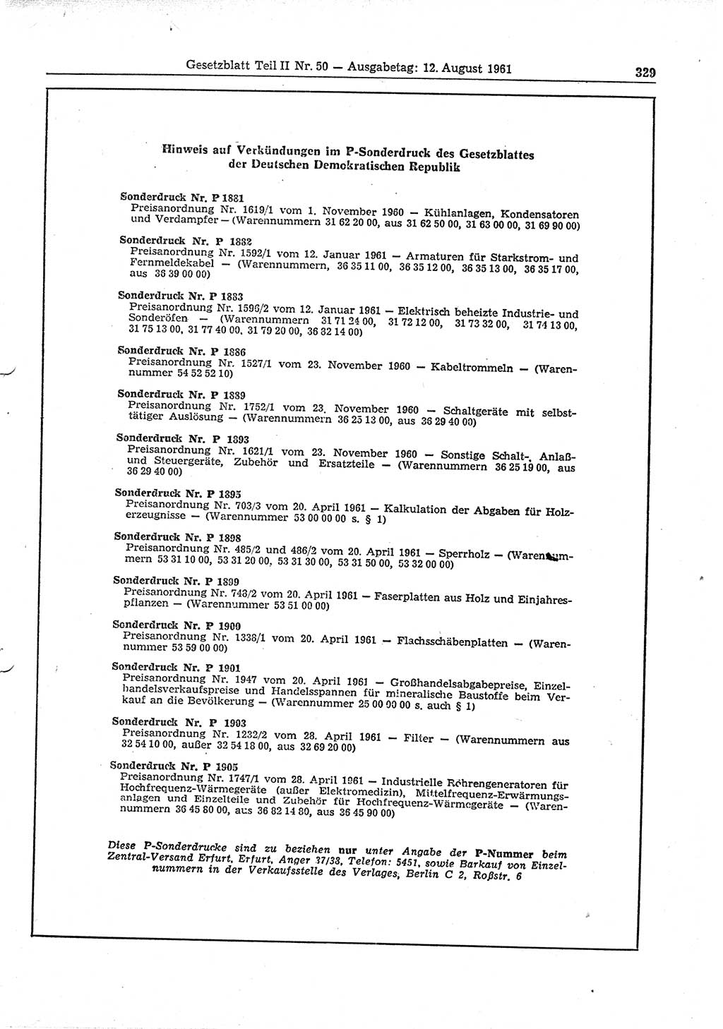 Gesetzblatt (GBl.) der Deutschen Demokratischen Republik (DDR) Teil ⅠⅠ 1961, Seite 329 (GBl. DDR ⅠⅠ 1961, S. 329)