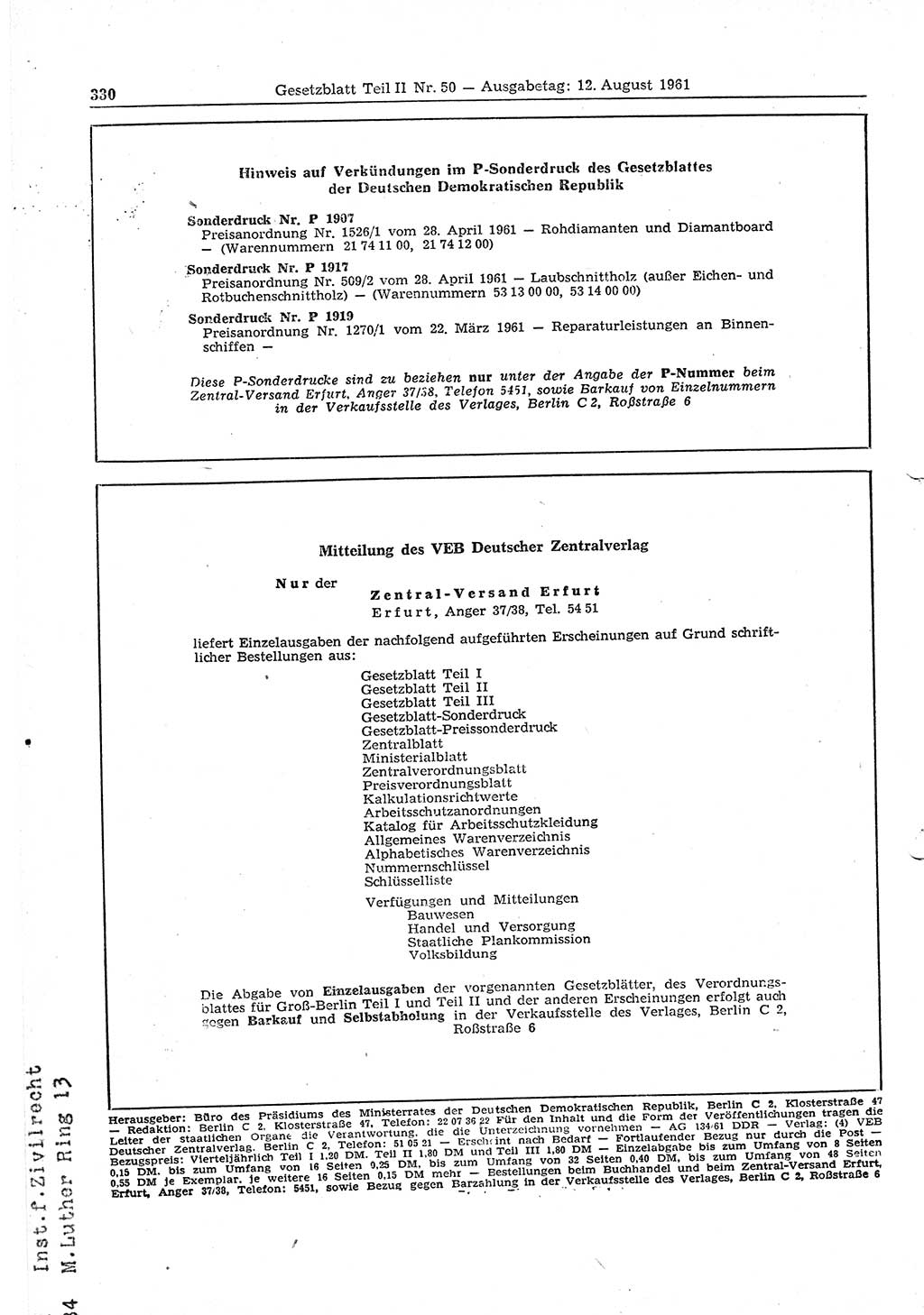 Gesetzblatt (GBl.) der Deutschen Demokratischen Republik (DDR) Teil ⅠⅠ 1961, Seite 330 (GBl. DDR ⅠⅠ 1961, S. 330)