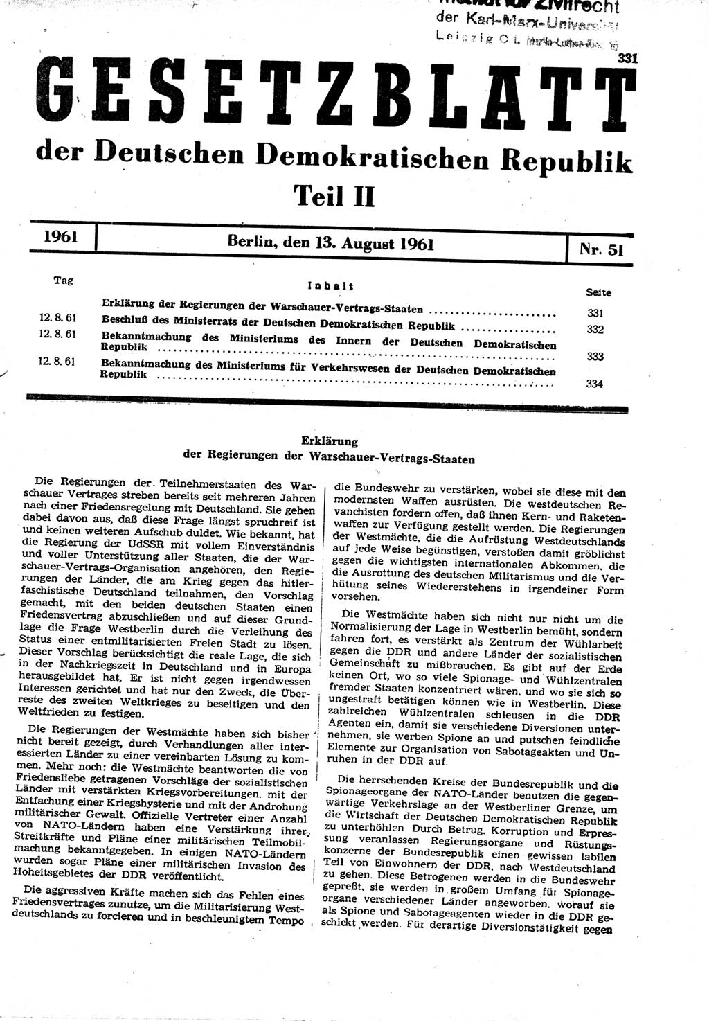 Gesetzblatt (GBl.) der Deutschen Demokratischen Republik (DDR) Teil ⅠⅠ 1961, Seite 331 (GBl. DDR ⅠⅠ 1961, S. 331)
