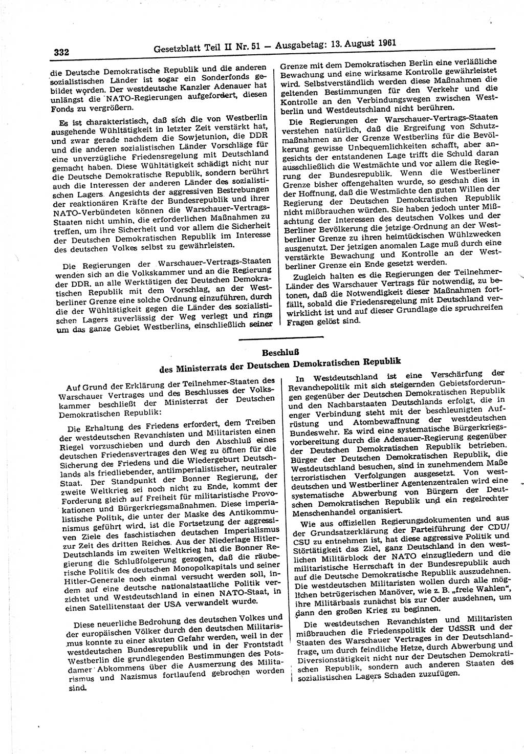 Gesetzblatt (GBl.) der Deutschen Demokratischen Republik (DDR) Teil ⅠⅠ 1961, Seite 332 (GBl. DDR ⅠⅠ 1961, S. 332)