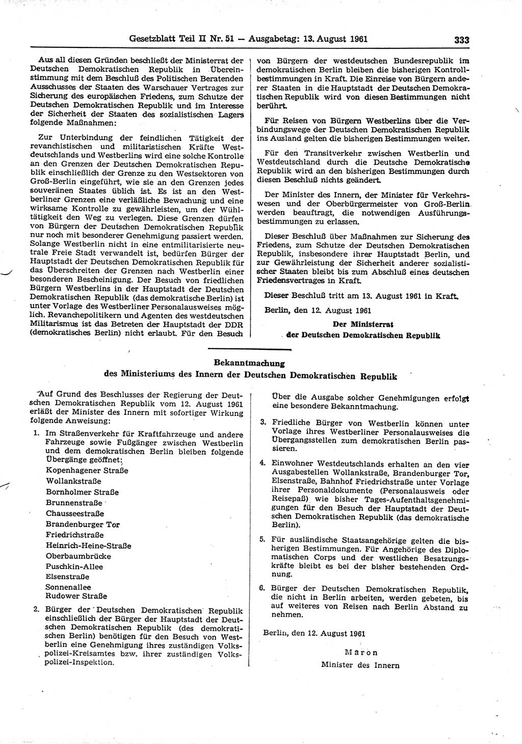 Gesetzblatt (GBl.) der Deutschen Demokratischen Republik (DDR) Teil ⅠⅠ 1961, Seite 333 (GBl. DDR ⅠⅠ 1961, S. 333)