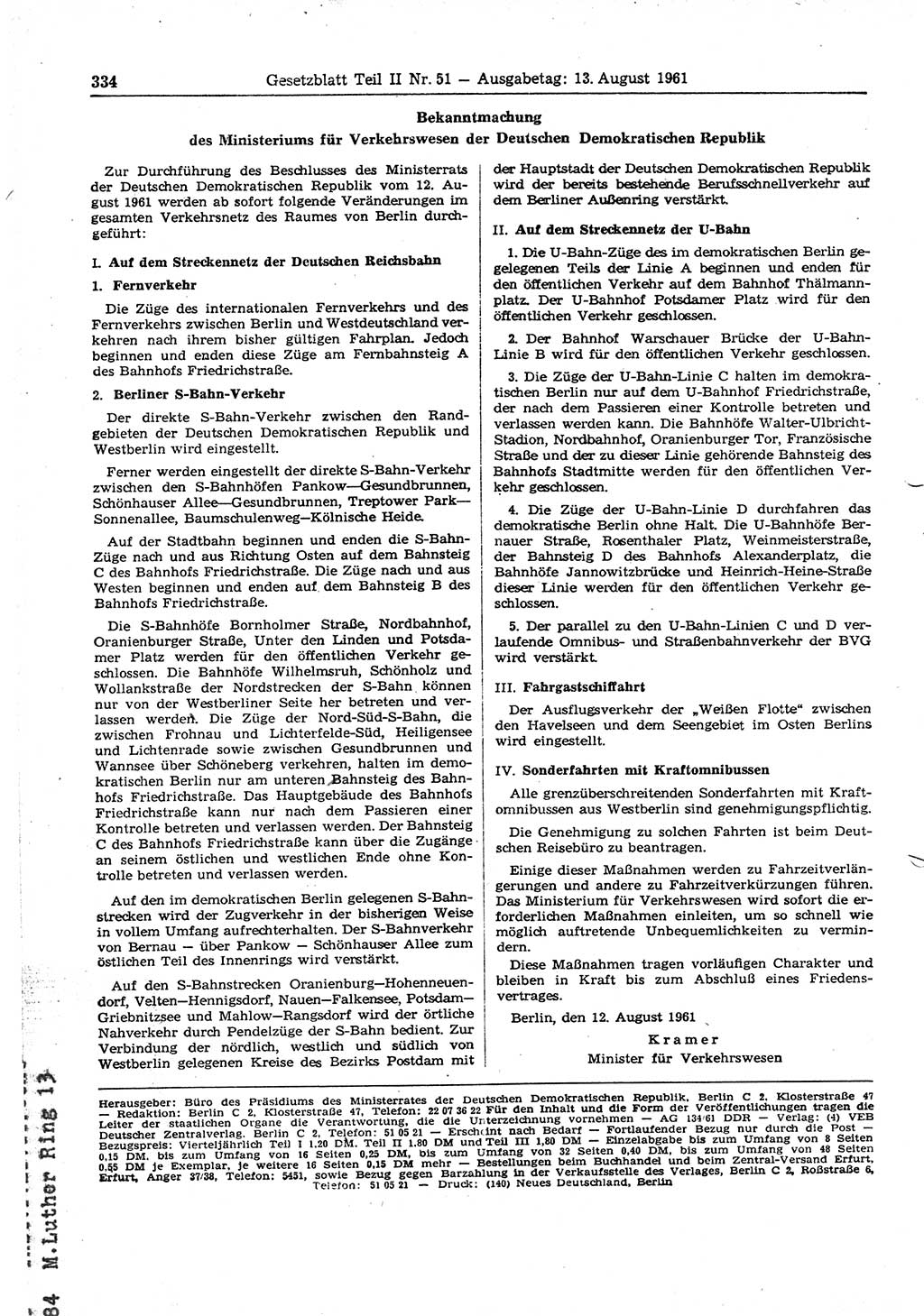 Gesetzblatt (GBl.) der Deutschen Demokratischen Republik (DDR) Teil ⅠⅠ 1961, Seite 334 (GBl. DDR ⅠⅠ 1961, S. 334)