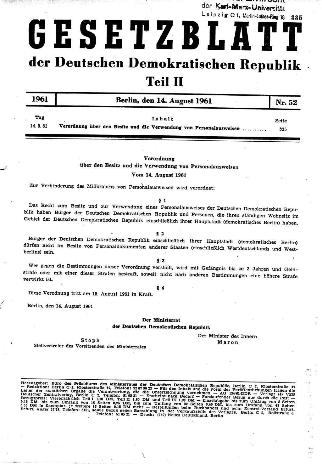 Gesetzblatt (GBl.) der Deutschen Demokratischen Republik (DDR) Teil ⅠⅠ 1961, Seite 335 (GBl. DDR ⅠⅠ 1961, S. 335)