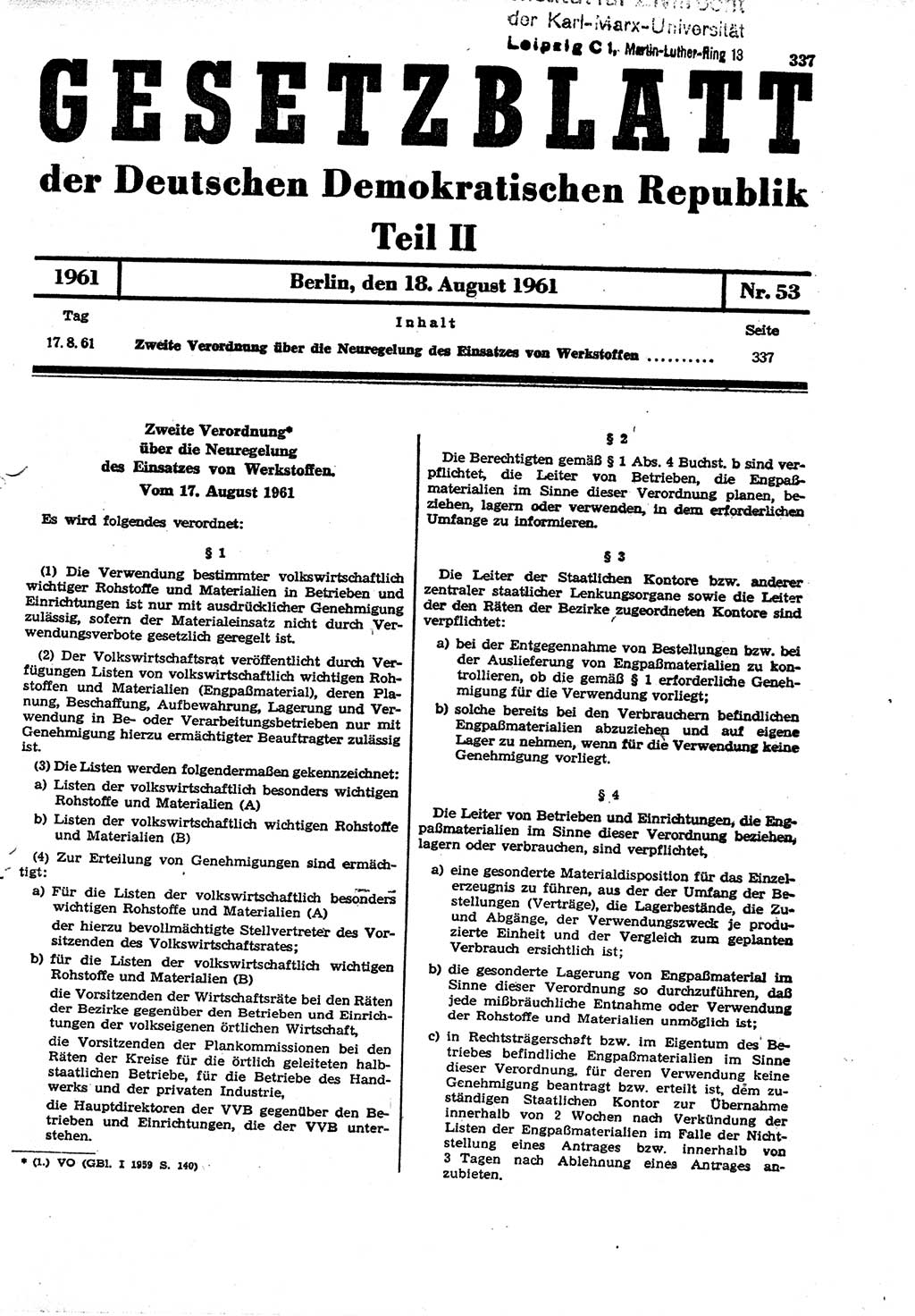 Gesetzblatt (GBl.) der Deutschen Demokratischen Republik (DDR) Teil ⅠⅠ 1961, Seite 337 (GBl. DDR ⅠⅠ 1961, S. 337)
