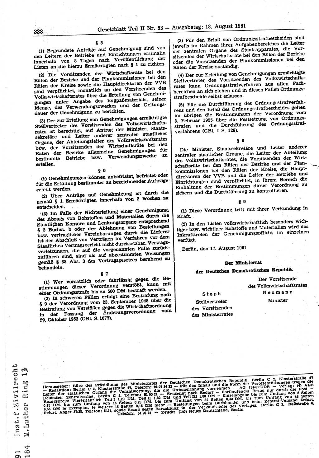 Gesetzblatt (GBl.) der Deutschen Demokratischen Republik (DDR) Teil ⅠⅠ 1961, Seite 338 (GBl. DDR ⅠⅠ 1961, S. 338)