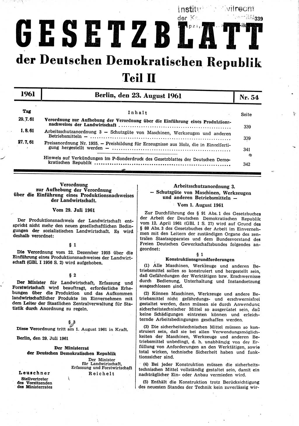 Gesetzblatt (GBl.) der Deutschen Demokratischen Republik (DDR) Teil ⅠⅠ 1961, Seite 339 (GBl. DDR ⅠⅠ 1961, S. 339)