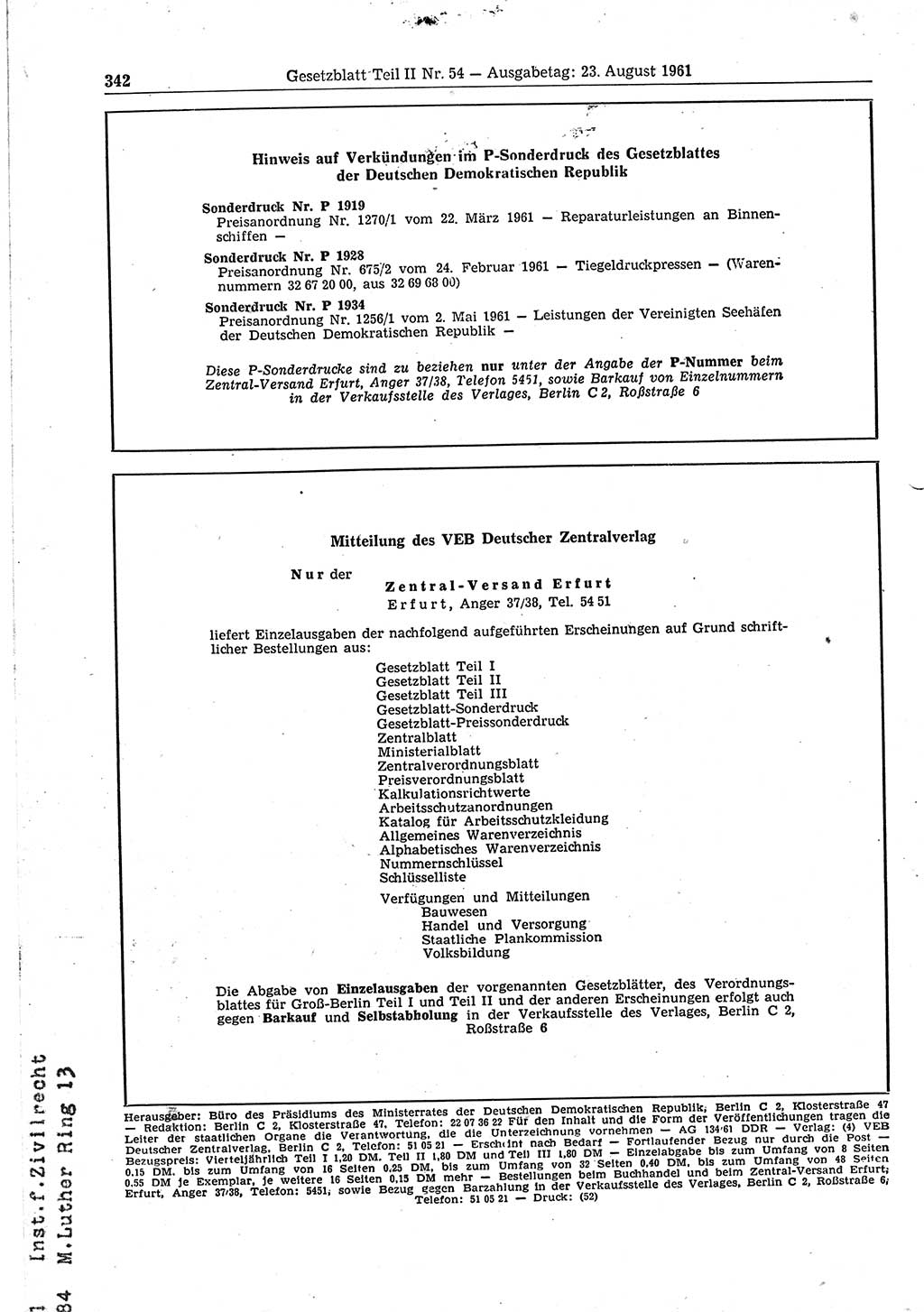 Gesetzblatt (GBl.) der Deutschen Demokratischen Republik (DDR) Teil ⅠⅠ 1961, Seite 342 (GBl. DDR ⅠⅠ 1961, S. 342)