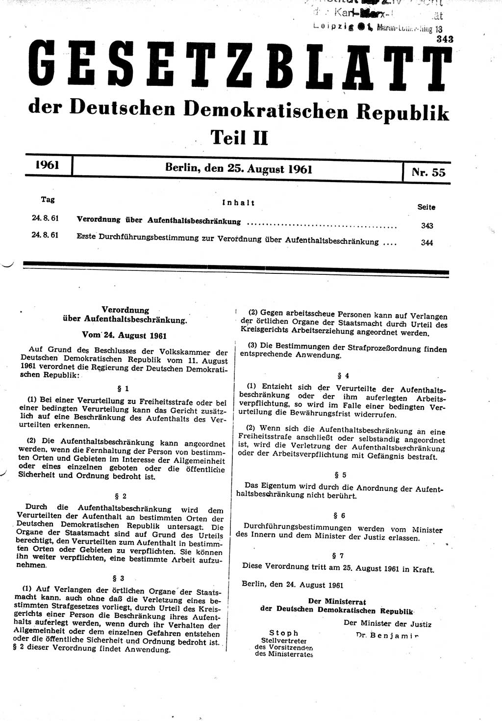 Gesetzblatt (GBl.) der Deutschen Demokratischen Republik (DDR) Teil ⅠⅠ 1961, Seite 343 (GBl. DDR ⅠⅠ 1961, S. 343)