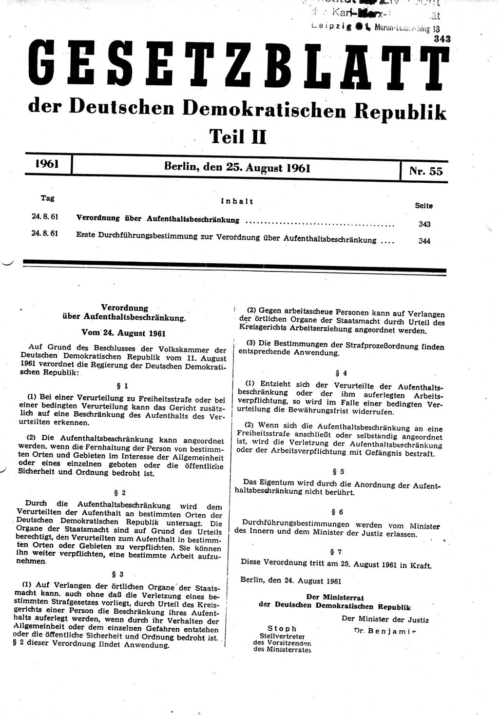 Gesetzblatt (GBl.) der Deutschen Demokratischen Republik (DDR) Teil ⅠⅠ 1961, Seite 343 (GBl. DDR ⅠⅠ 1961, S. 343)