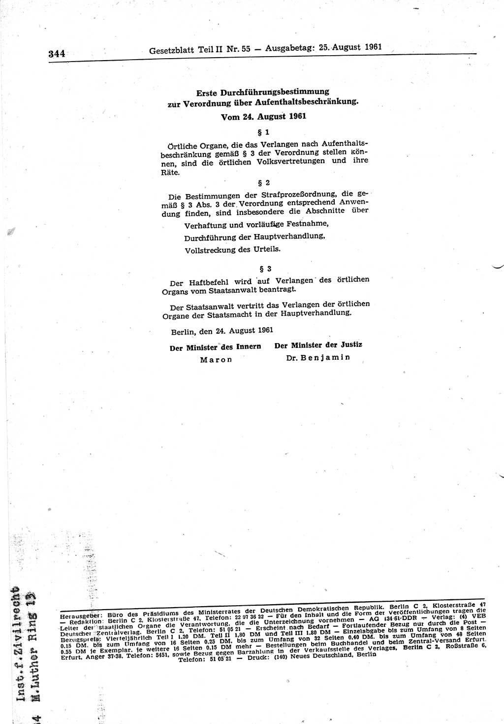 Gesetzblatt (GBl.) der Deutschen Demokratischen Republik (DDR) Teil ⅠⅠ 1961, Seite 344 (GBl. DDR ⅠⅠ 1961, S. 344)