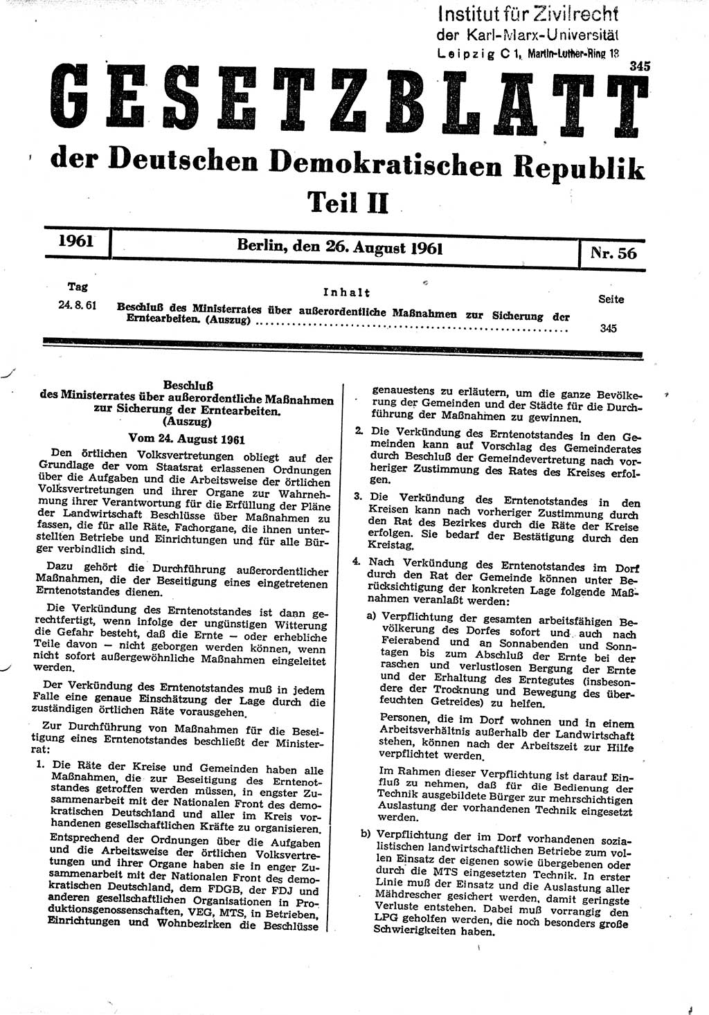 Gesetzblatt (GBl.) der Deutschen Demokratischen Republik (DDR) Teil ⅠⅠ 1961, Seite 345 (GBl. DDR ⅠⅠ 1961, S. 345)