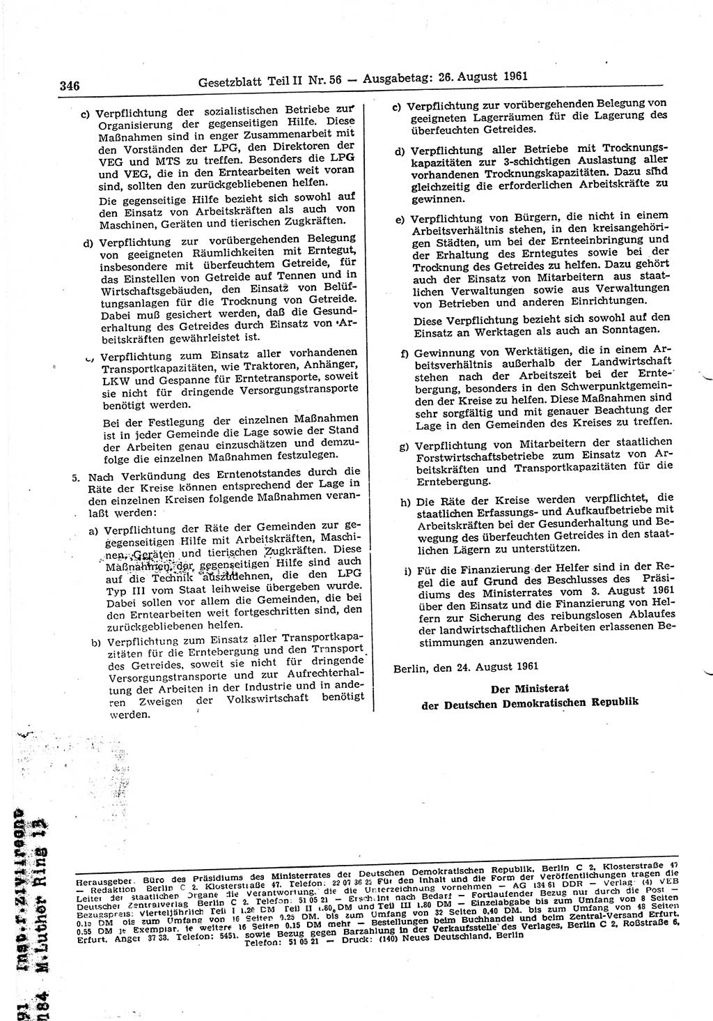 Gesetzblatt (GBl.) der Deutschen Demokratischen Republik (DDR) Teil ⅠⅠ 1961, Seite 346 (GBl. DDR ⅠⅠ 1961, S. 346)