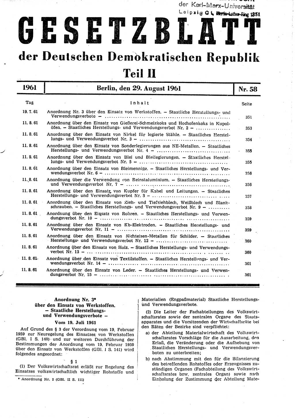 Gesetzblatt (GBl.) der Deutschen Demokratischen Republik (DDR) Teil ⅠⅠ 1961, Seite 351 (GBl. DDR ⅠⅠ 1961, S. 351)