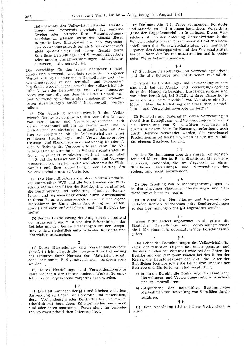 Gesetzblatt (GBl.) der Deutschen Demokratischen Republik (DDR) Teil ⅠⅠ 1961, Seite 352 (GBl. DDR ⅠⅠ 1961, S. 352)