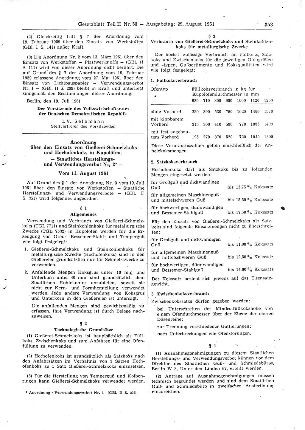 Gesetzblatt (GBl.) der Deutschen Demokratischen Republik (DDR) Teil ⅠⅠ 1961, Seite 353 (GBl. DDR ⅠⅠ 1961, S. 353)