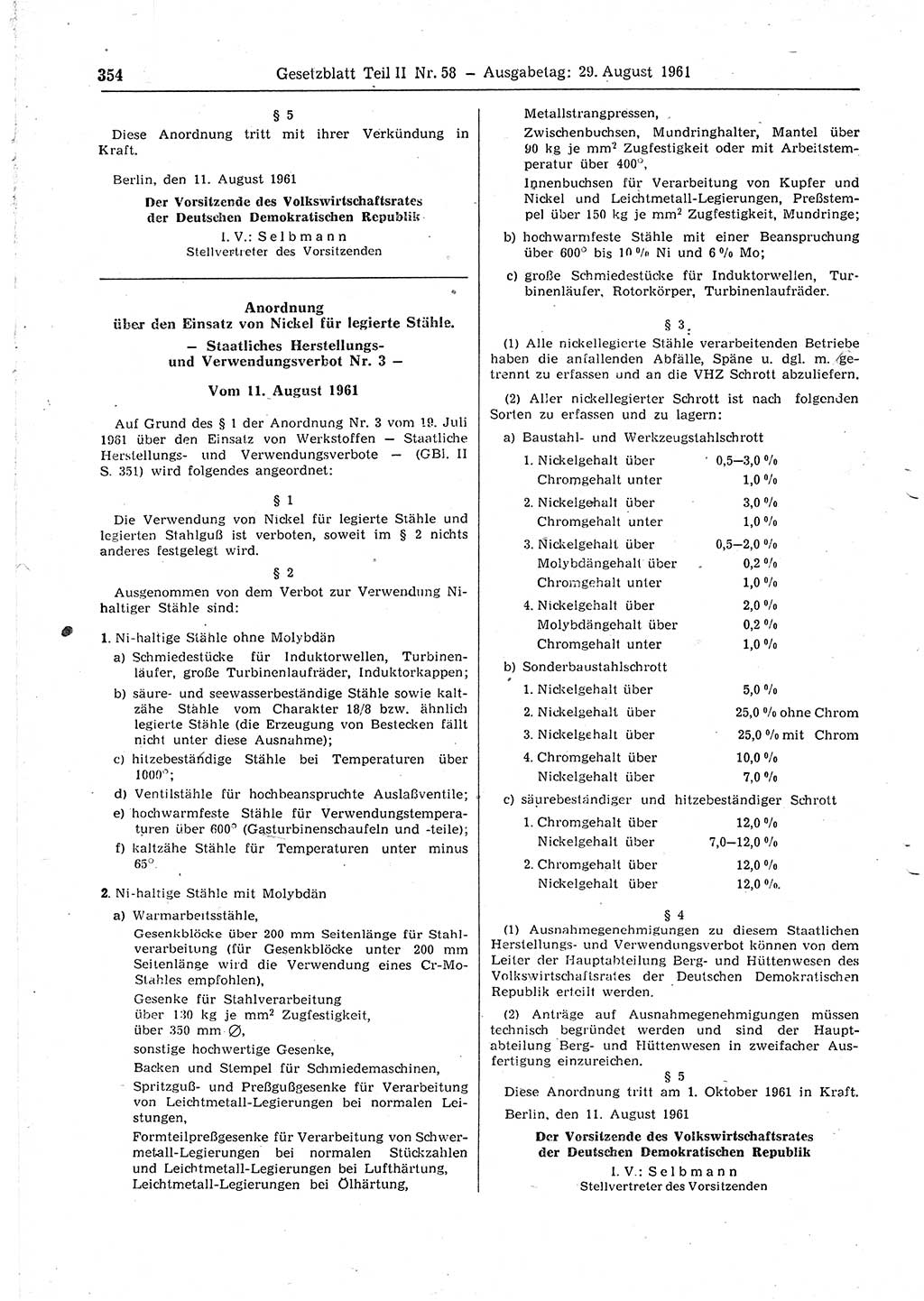 Gesetzblatt (GBl.) der Deutschen Demokratischen Republik (DDR) Teil ⅠⅠ 1961, Seite 354 (GBl. DDR ⅠⅠ 1961, S. 354)