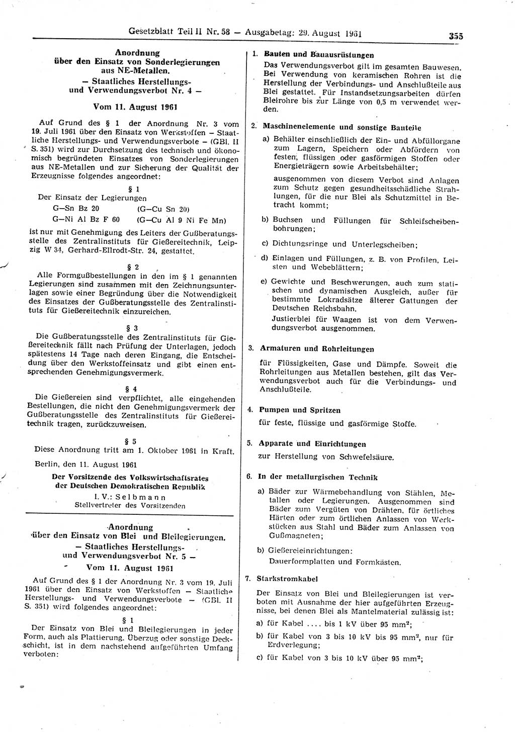 Gesetzblatt (GBl.) der Deutschen Demokratischen Republik (DDR) Teil ⅠⅠ 1961, Seite 355 (GBl. DDR ⅠⅠ 1961, S. 355)
