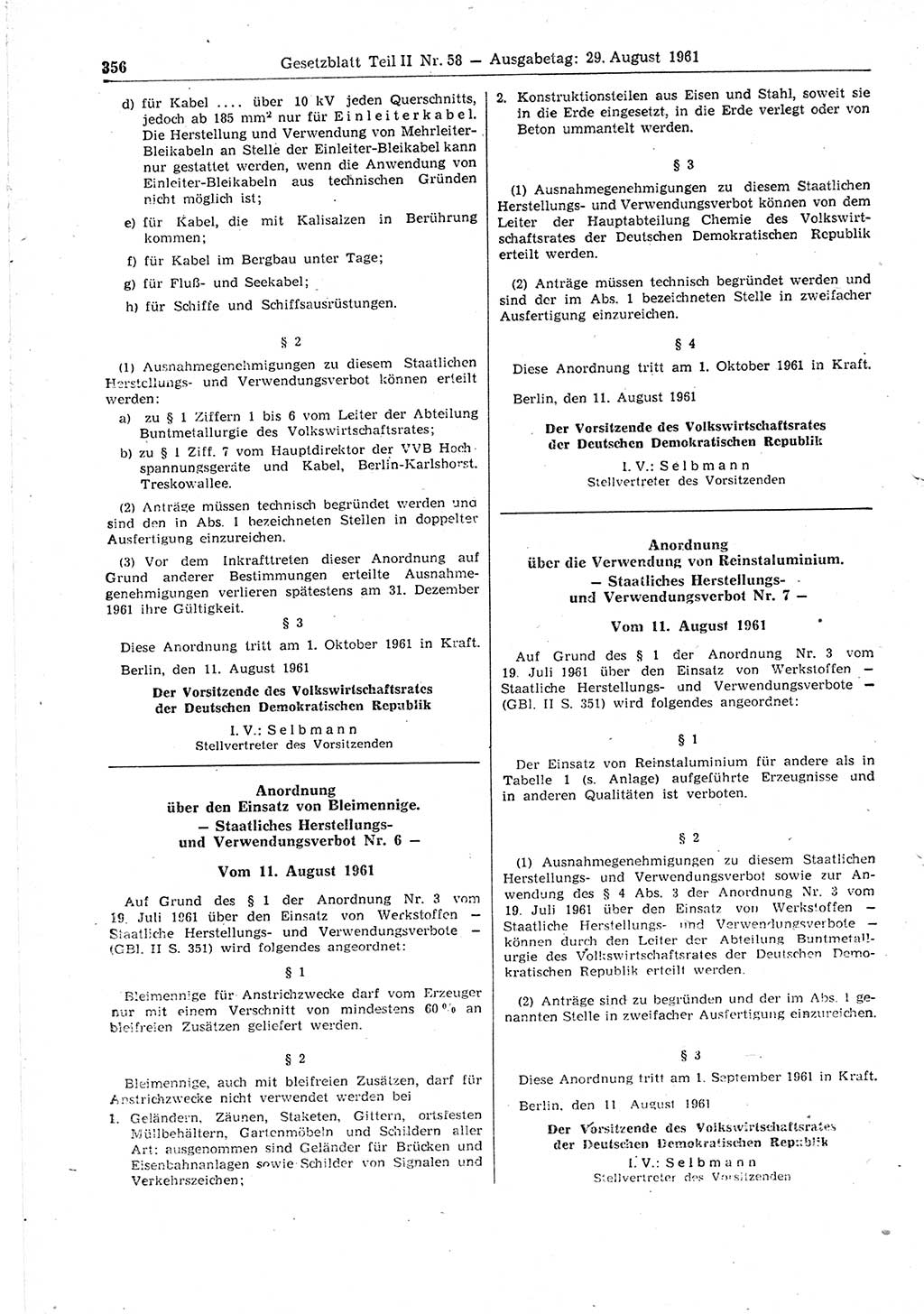 Gesetzblatt (GBl.) der Deutschen Demokratischen Republik (DDR) Teil ⅠⅠ 1961, Seite 356 (GBl. DDR ⅠⅠ 1961, S. 356)