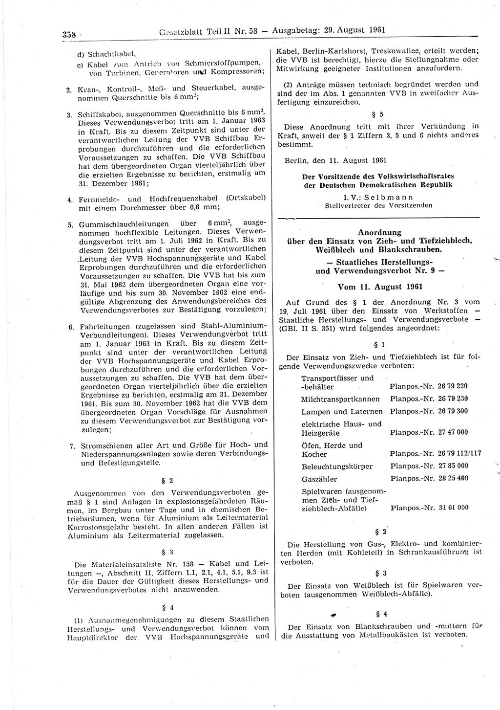 Gesetzblatt (GBl.) der Deutschen Demokratischen Republik (DDR) Teil ⅠⅠ 1961, Seite 358 (GBl. DDR ⅠⅠ 1961, S. 358)