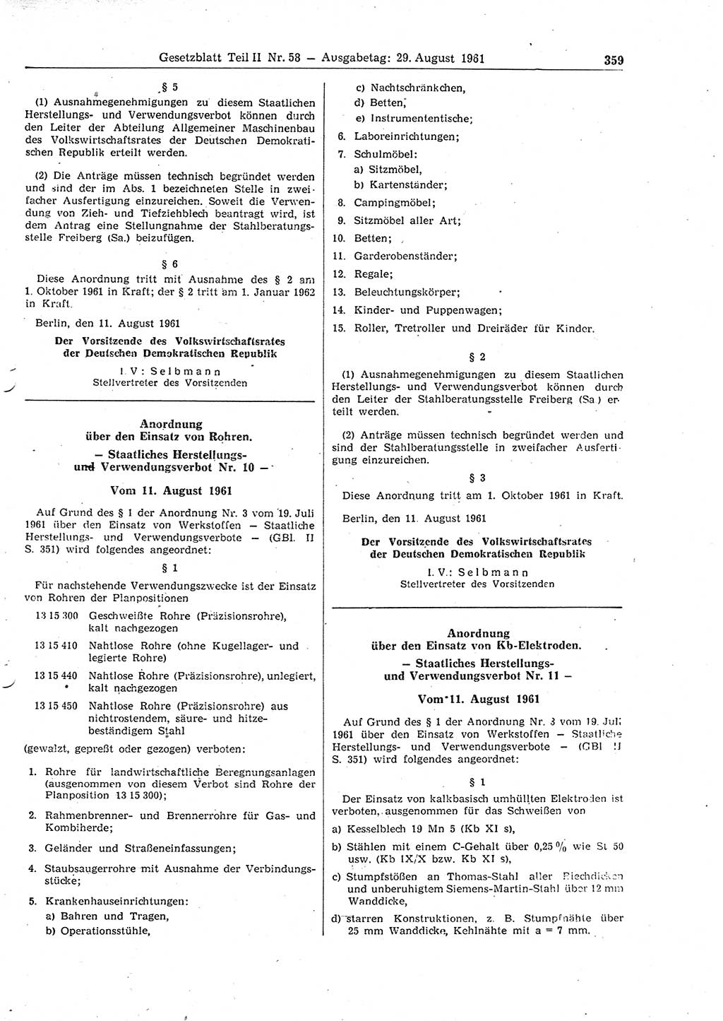 Gesetzblatt (GBl.) der Deutschen Demokratischen Republik (DDR) Teil ⅠⅠ 1961, Seite 359 (GBl. DDR ⅠⅠ 1961, S. 359)
