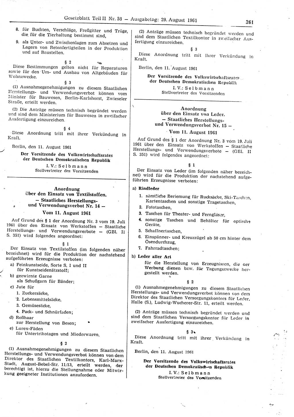 Gesetzblatt (GBl.) der Deutschen Demokratischen Republik (DDR) Teil ⅠⅠ 1961, Seite 361 (GBl. DDR ⅠⅠ 1961, S. 361)