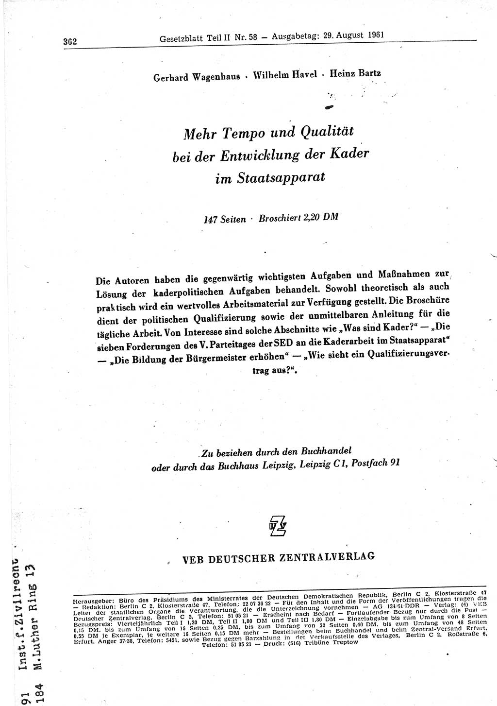 Gesetzblatt (GBl.) der Deutschen Demokratischen Republik (DDR) Teil ⅠⅠ 1961, Seite 362 (GBl. DDR ⅠⅠ 1961, S. 362)