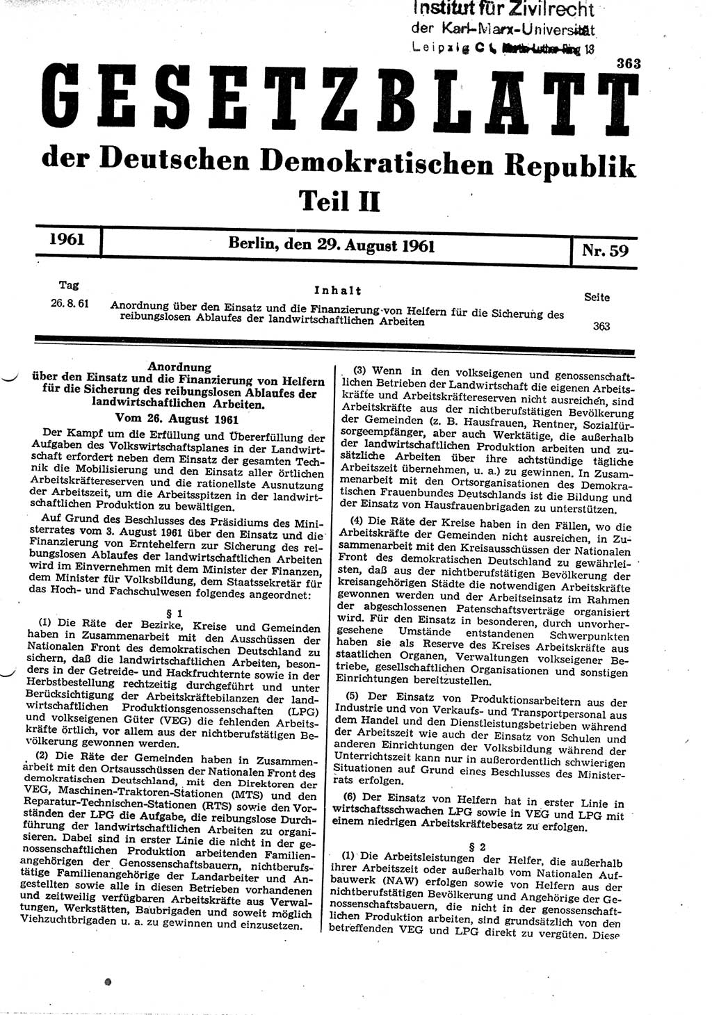 Gesetzblatt (GBl.) der Deutschen Demokratischen Republik (DDR) Teil ⅠⅠ 1961, Seite 363 (GBl. DDR ⅠⅠ 1961, S. 363)