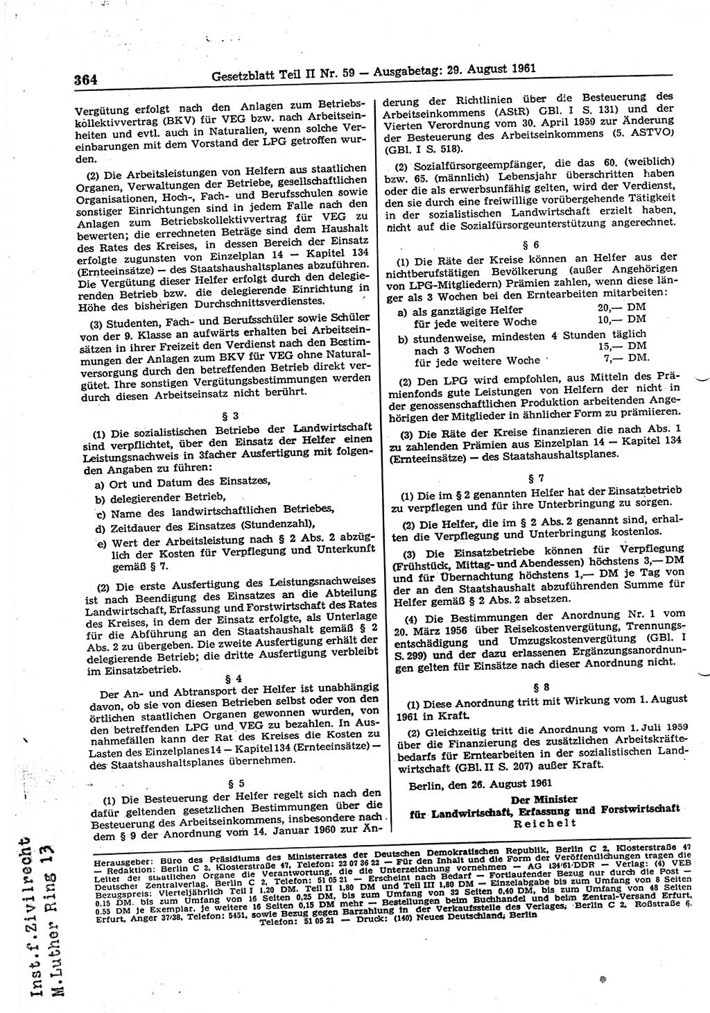 Gesetzblatt (GBl.) der Deutschen Demokratischen Republik (DDR) Teil ⅠⅠ 1961, Seite 364 (GBl. DDR ⅠⅠ 1961, S. 364)