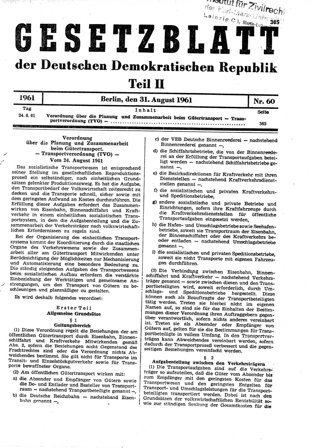 Gesetzblatt (GBl.) der Deutschen Demokratischen Republik (DDR) Teil ⅠⅠ 1961, Seite 365 (GBl. DDR ⅠⅠ 1961, S. 365)