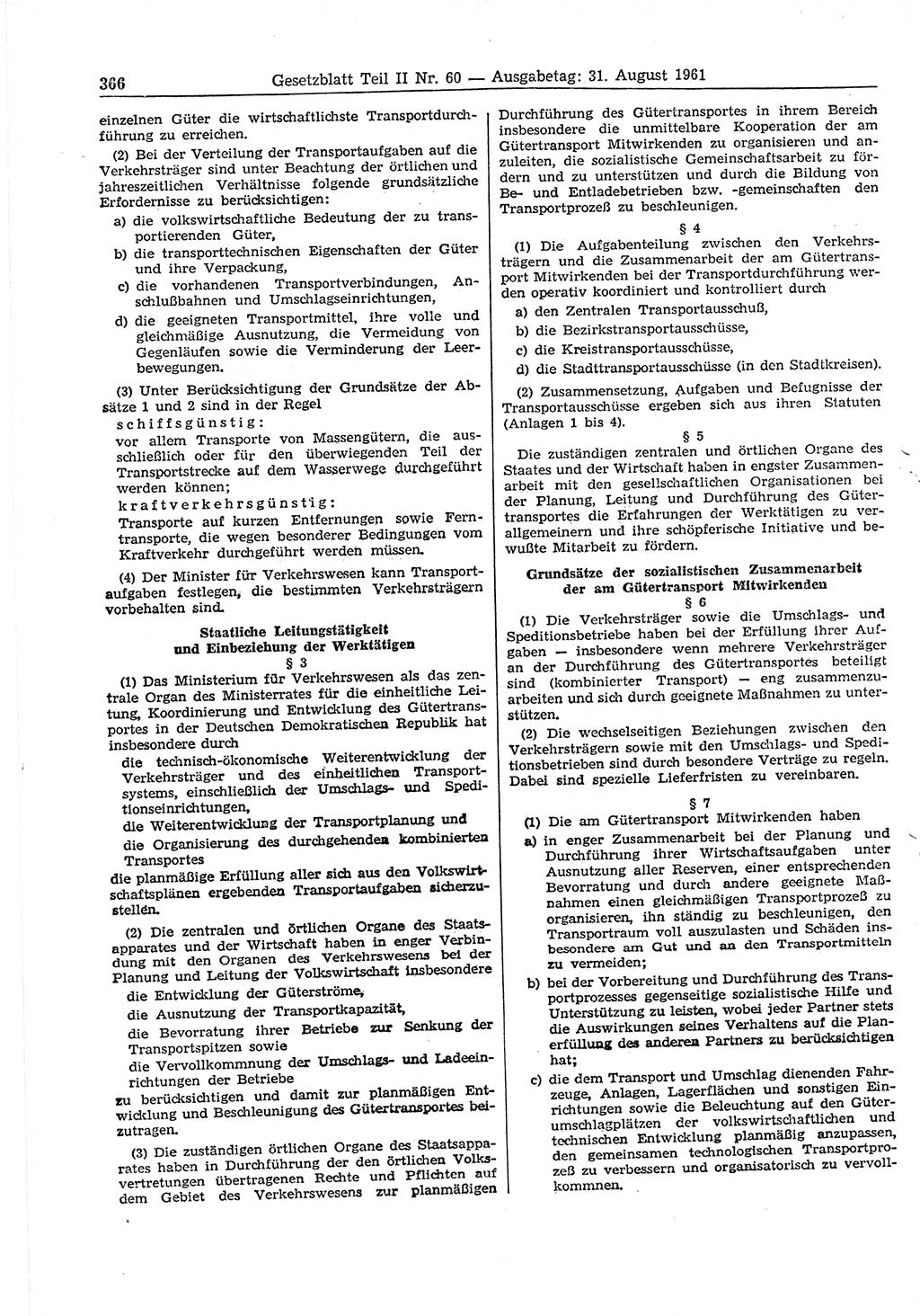 Gesetzblatt (GBl.) der Deutschen Demokratischen Republik (DDR) Teil ⅠⅠ 1961, Seite 366 (GBl. DDR ⅠⅠ 1961, S. 366)
