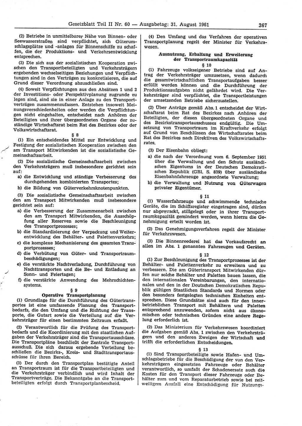 Gesetzblatt (GBl.) der Deutschen Demokratischen Republik (DDR) Teil ⅠⅠ 1961, Seite 367 (GBl. DDR ⅠⅠ 1961, S. 367)