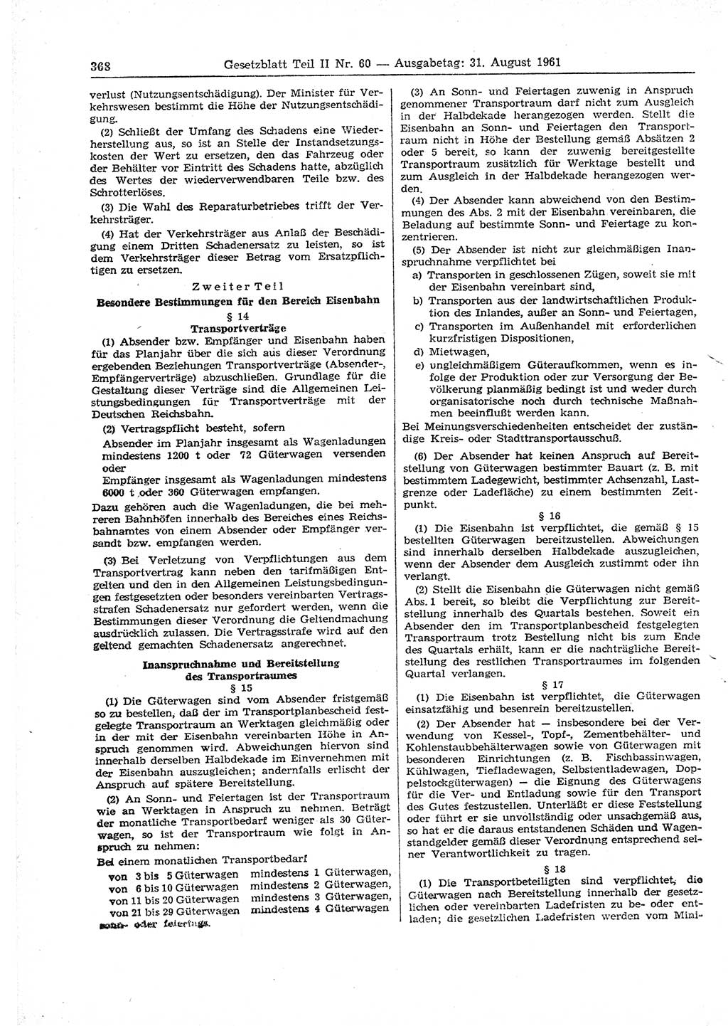 Gesetzblatt (GBl.) der Deutschen Demokratischen Republik (DDR) Teil ⅠⅠ 1961, Seite 368 (GBl. DDR ⅠⅠ 1961, S. 368)