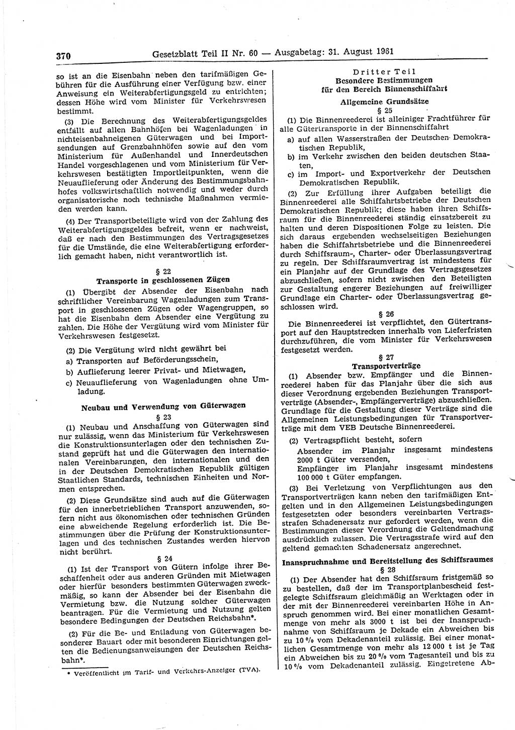 Gesetzblatt (GBl.) der Deutschen Demokratischen Republik (DDR) Teil ⅠⅠ 1961, Seite 370 (GBl. DDR ⅠⅠ 1961, S. 370)