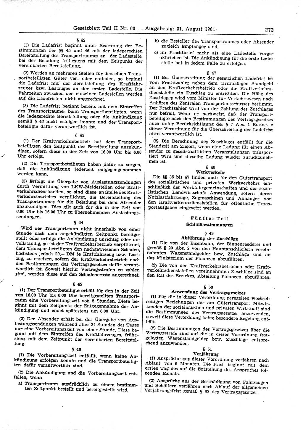 Gesetzblatt (GBl.) der Deutschen Demokratischen Republik (DDR) Teil ⅠⅠ 1961, Seite 373 (GBl. DDR ⅠⅠ 1961, S. 373)
