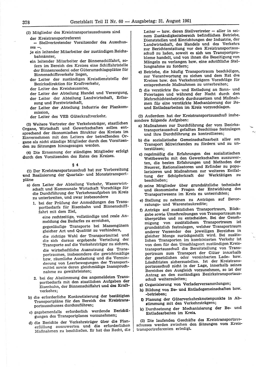 Gesetzblatt (GBl.) der Deutschen Demokratischen Republik (DDR) Teil ⅠⅠ 1961, Seite 378 (GBl. DDR ⅠⅠ 1961, S. 378)