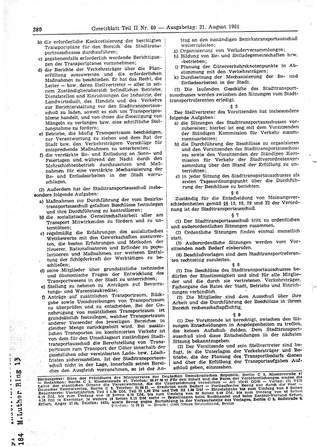 Gesetzblatt (GBl.) der Deutschen Demokratischen Republik (DDR) Teil ⅠⅠ 1961, Seite 380 (GBl. DDR ⅠⅠ 1961, S. 380)