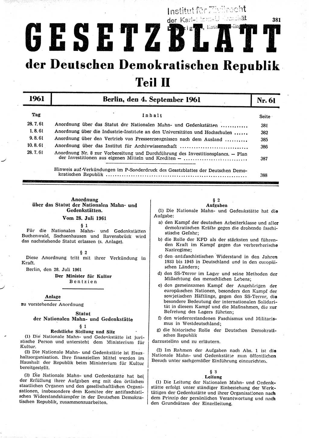 Gesetzblatt (GBl.) der Deutschen Demokratischen Republik (DDR) Teil ⅠⅠ 1961, Seite 381 (GBl. DDR ⅠⅠ 1961, S. 381)
