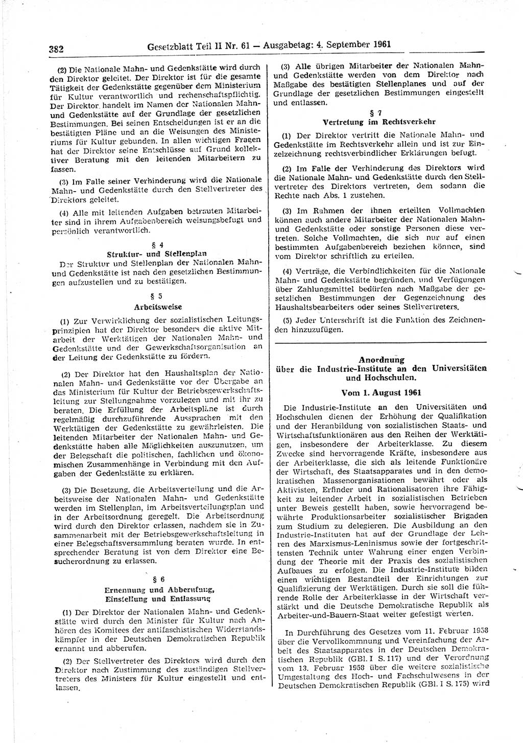 Gesetzblatt (GBl.) der Deutschen Demokratischen Republik (DDR) Teil ⅠⅠ 1961, Seite 382 (GBl. DDR ⅠⅠ 1961, S. 382)