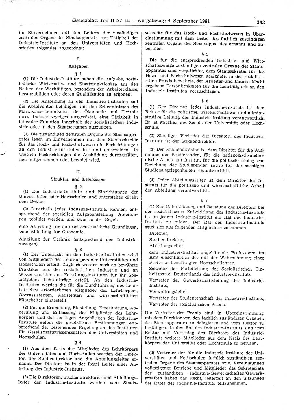 Gesetzblatt (GBl.) der Deutschen Demokratischen Republik (DDR) Teil ⅠⅠ 1961, Seite 383 (GBl. DDR ⅠⅠ 1961, S. 383)