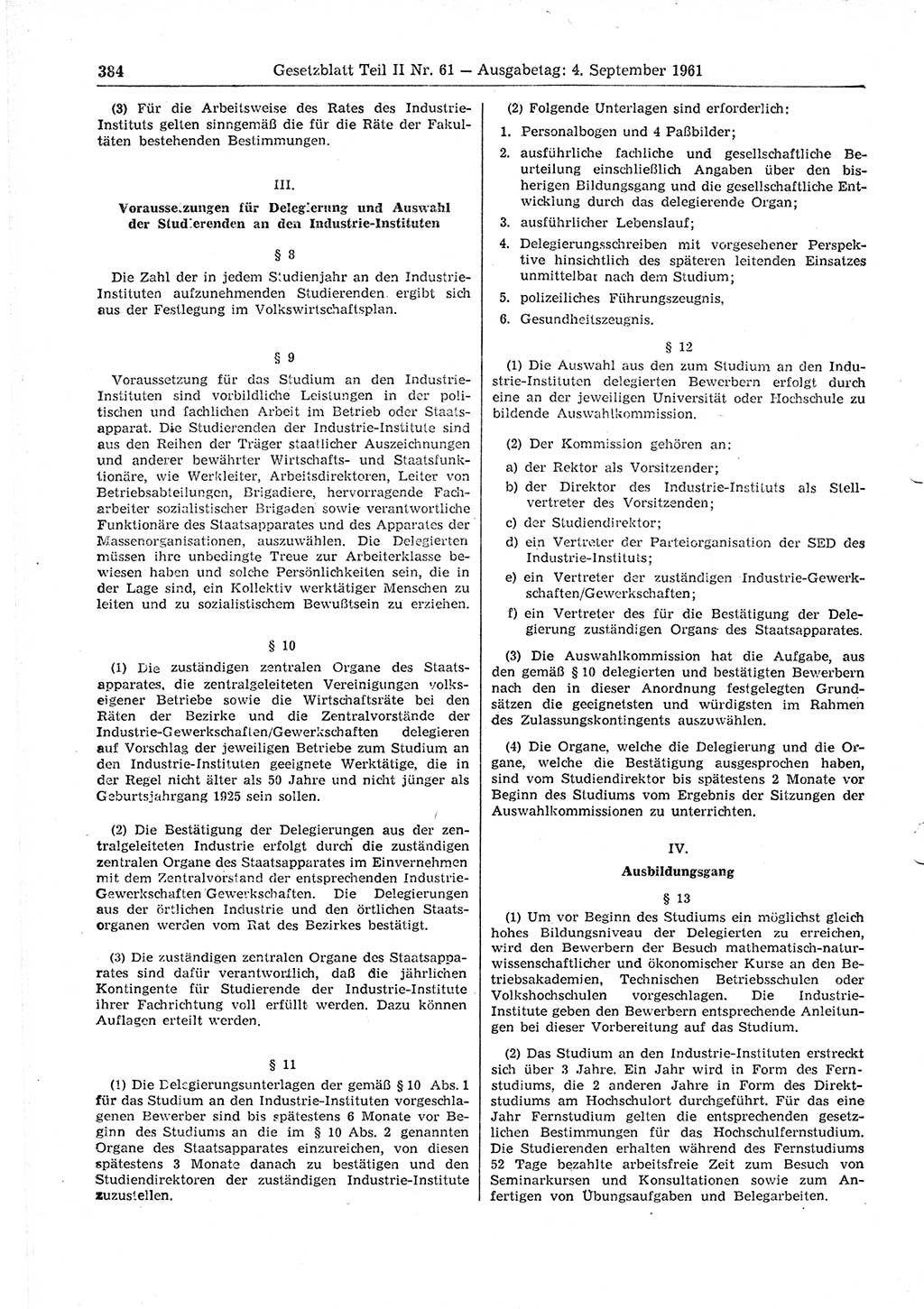Gesetzblatt (GBl.) der Deutschen Demokratischen Republik (DDR) Teil ⅠⅠ 1961, Seite 384 (GBl. DDR ⅠⅠ 1961, S. 384)