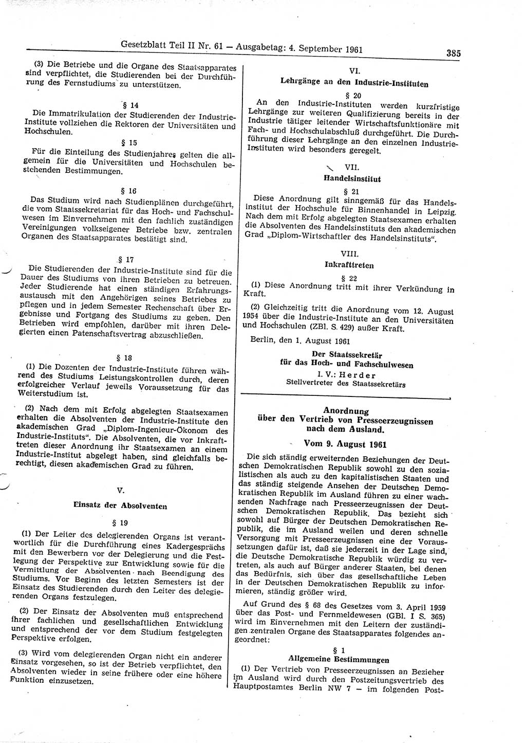 Gesetzblatt (GBl.) der Deutschen Demokratischen Republik (DDR) Teil ⅠⅠ 1961, Seite 385 (GBl. DDR ⅠⅠ 1961, S. 385)