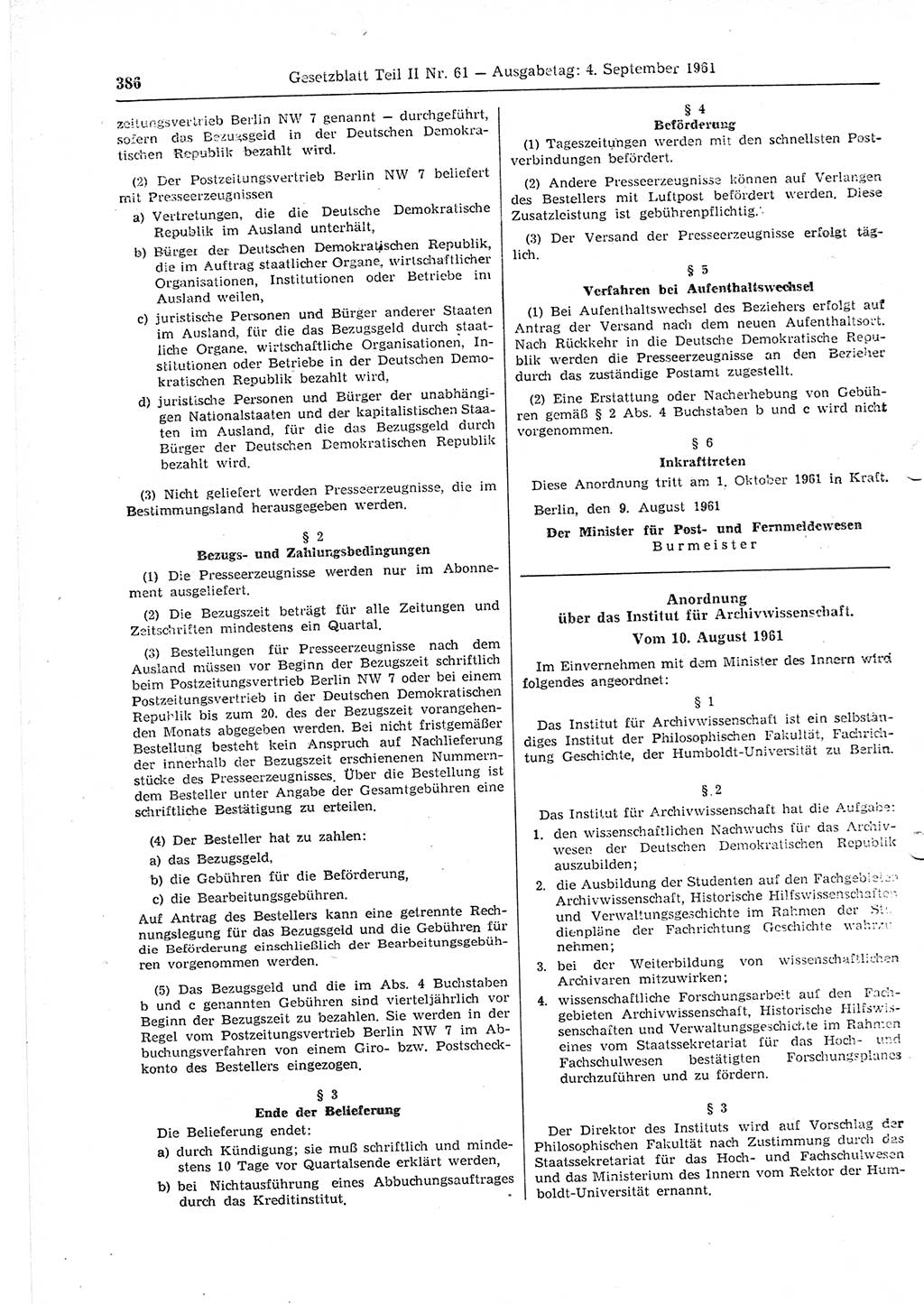 Gesetzblatt (GBl.) der Deutschen Demokratischen Republik (DDR) Teil ⅠⅠ 1961, Seite 386 (GBl. DDR ⅠⅠ 1961, S. 386)