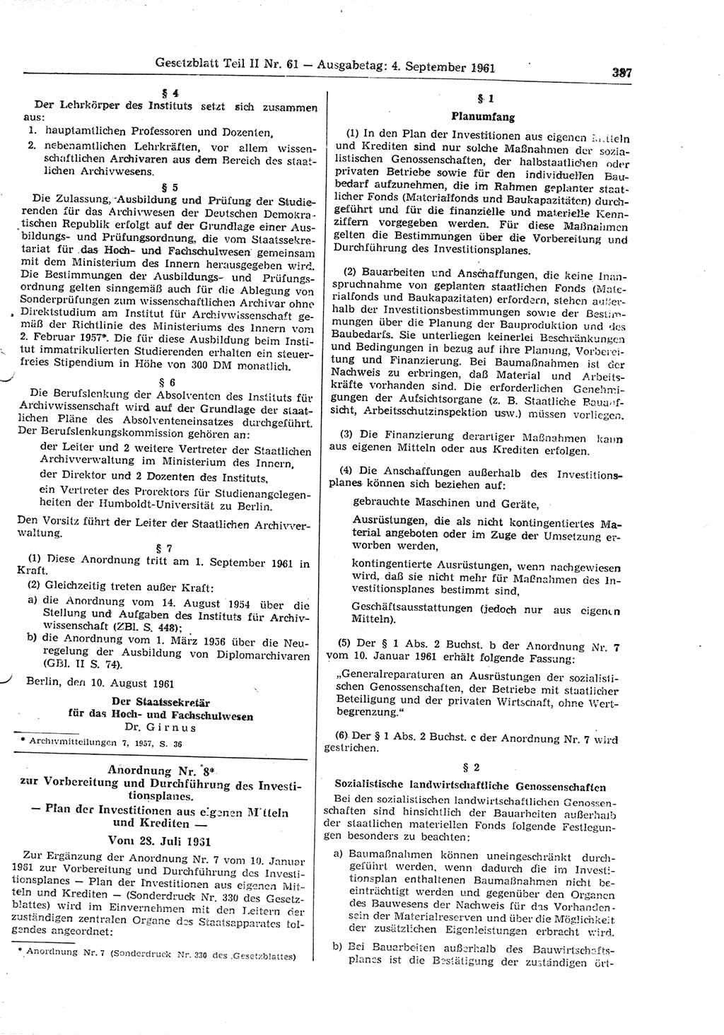 Gesetzblatt (GBl.) der Deutschen Demokratischen Republik (DDR) Teil ⅠⅠ 1961, Seite 387 (GBl. DDR ⅠⅠ 1961, S. 387)