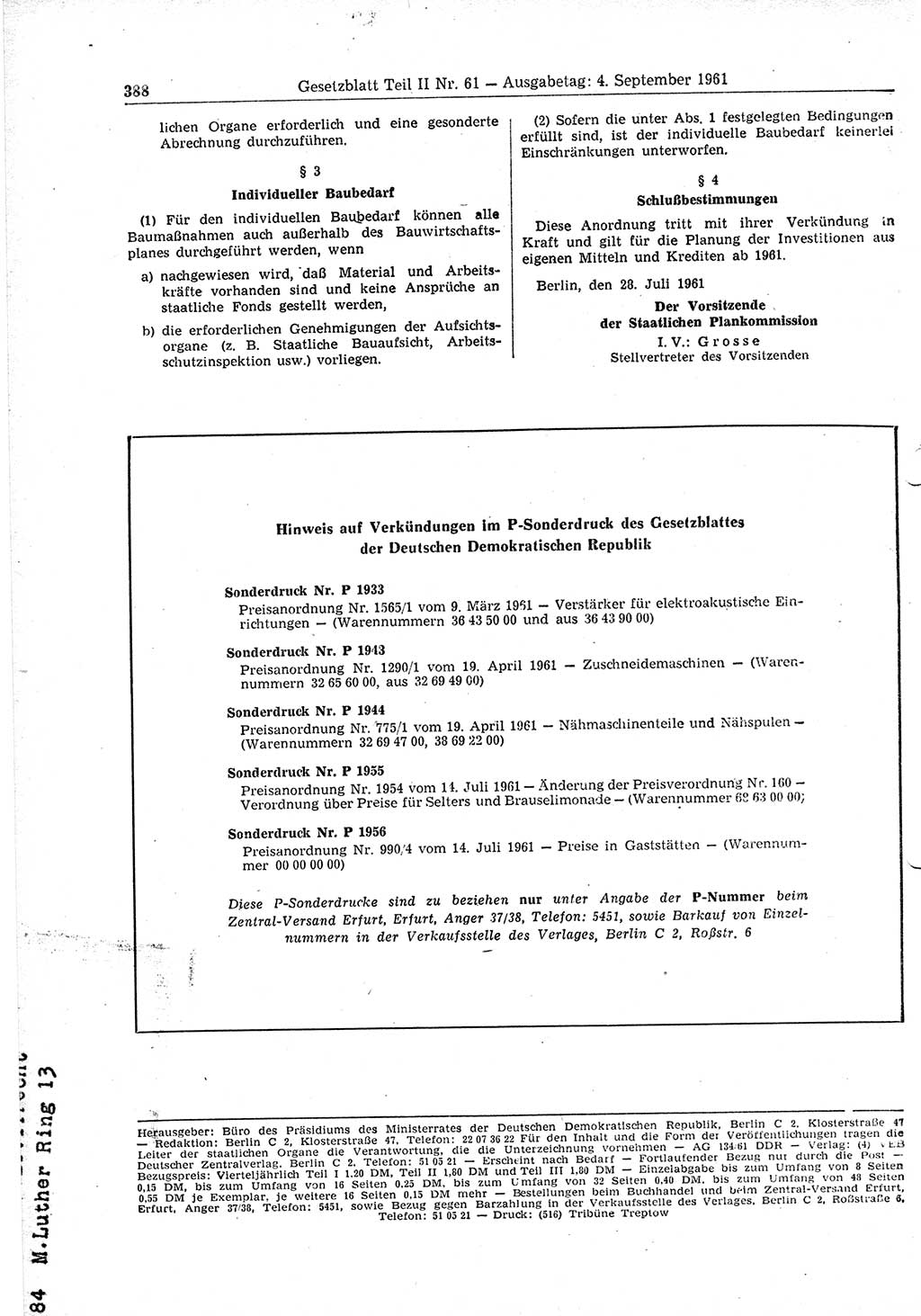 Gesetzblatt (GBl.) der Deutschen Demokratischen Republik (DDR) Teil ⅠⅠ 1961, Seite 388 (GBl. DDR ⅠⅠ 1961, S. 388)