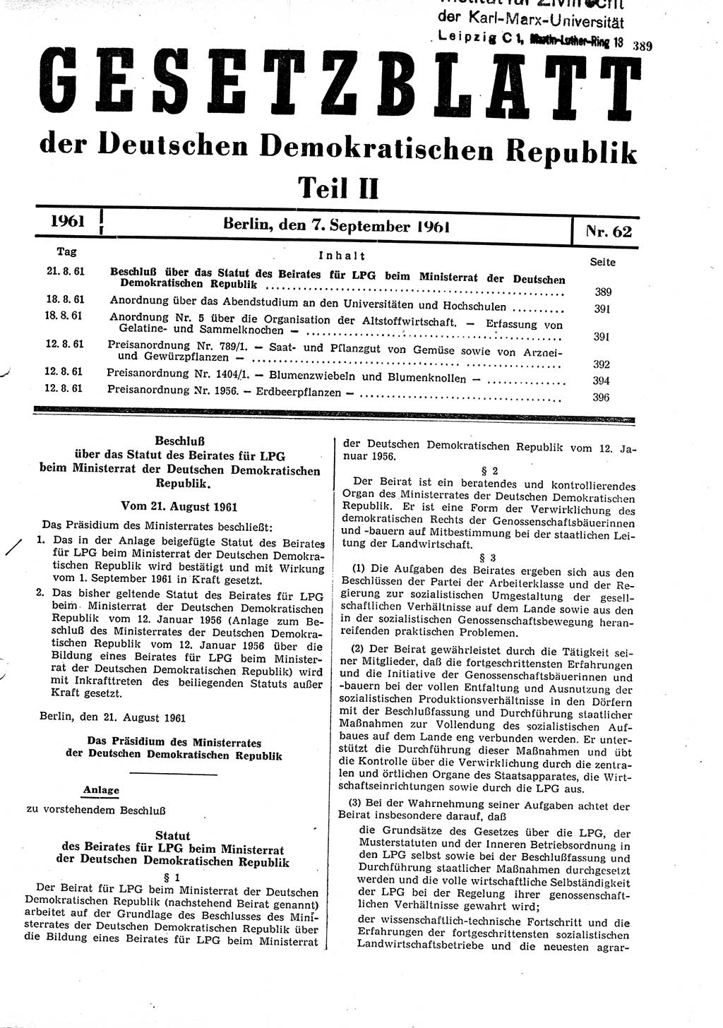 Gesetzblatt (GBl.) der Deutschen Demokratischen Republik (DDR) Teil ⅠⅠ 1961, Seite 389 (GBl. DDR ⅠⅠ 1961, S. 389)