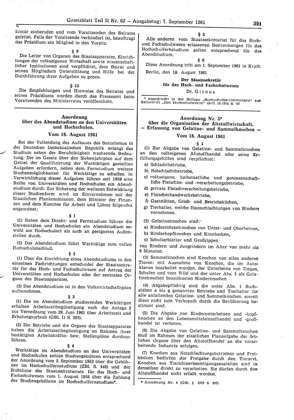 Gesetzblatt (GBl.) der Deutschen Demokratischen Republik (DDR) Teil ⅠⅠ 1961, Seite 391 (GBl. DDR ⅠⅠ 1961, S. 391)