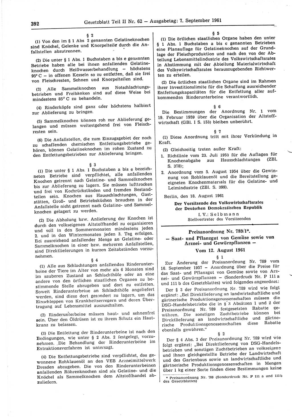 Gesetzblatt (GBl.) der Deutschen Demokratischen Republik (DDR) Teil ⅠⅠ 1961, Seite 392 (GBl. DDR ⅠⅠ 1961, S. 392)